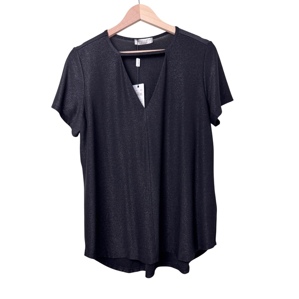 Anatomie Violet V-Neck Cutout Top Glitter Black Travel Workwear Size L
